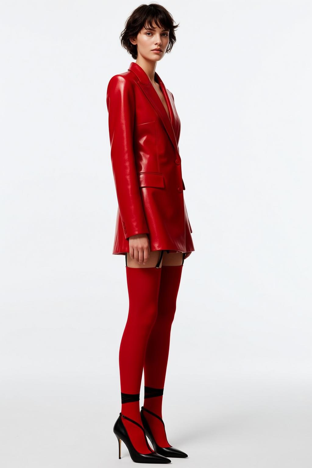 Red Leather Blazer Thigh High Stockings Studio