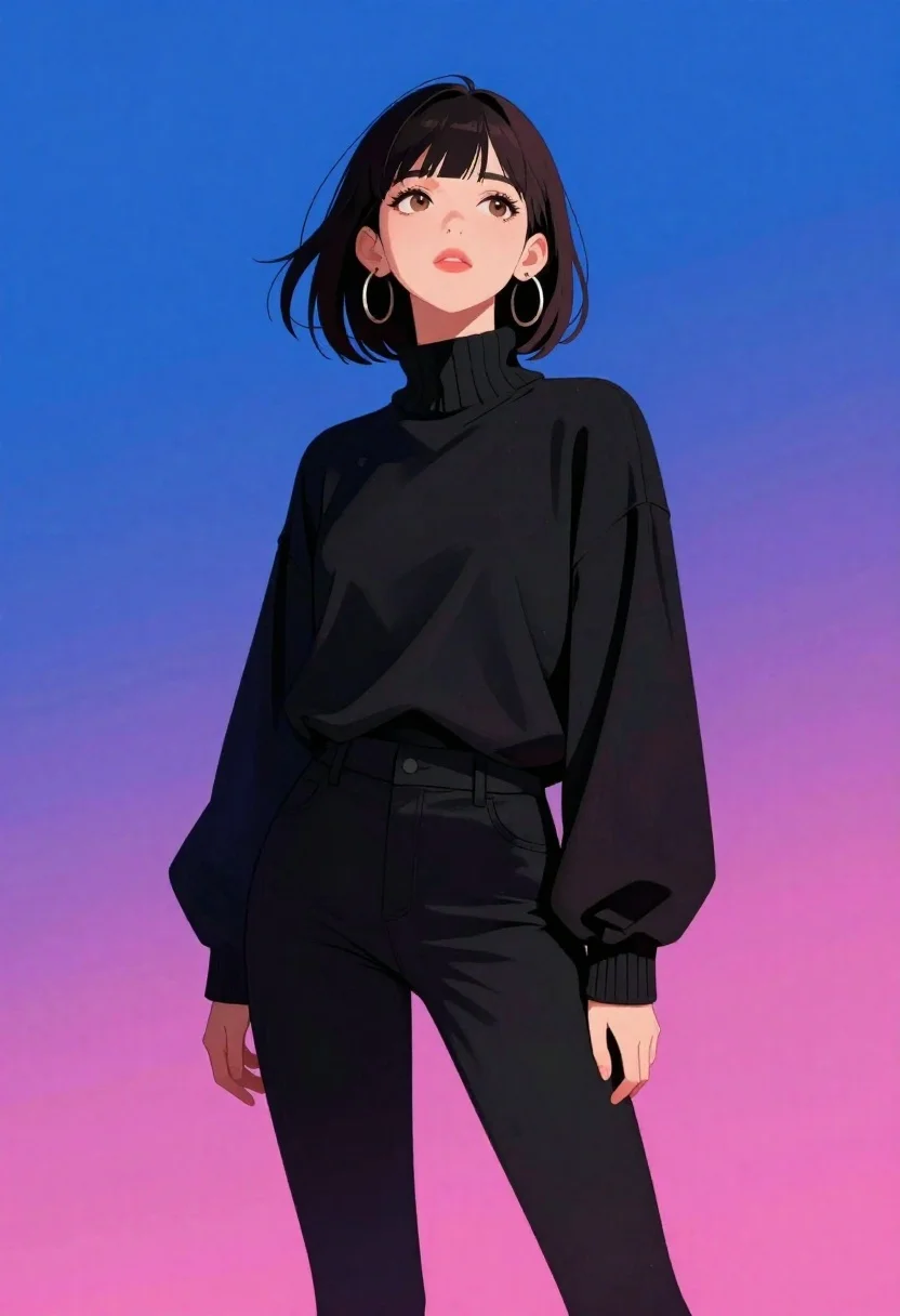 Anime-style Portrait Young Woman Standing Against Vibrant Gradient Background Shifting reference photo