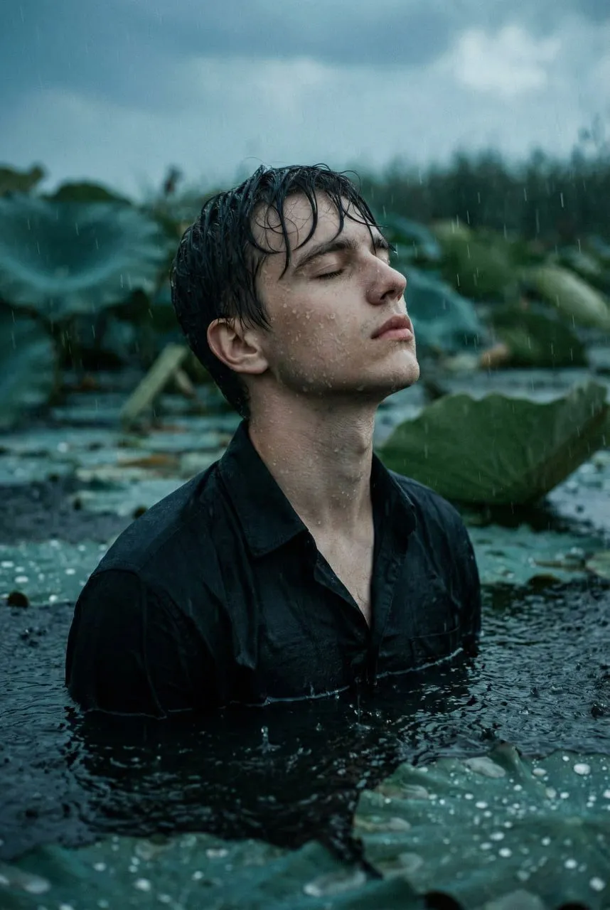 Young Man Lotus Water Rain Portrait