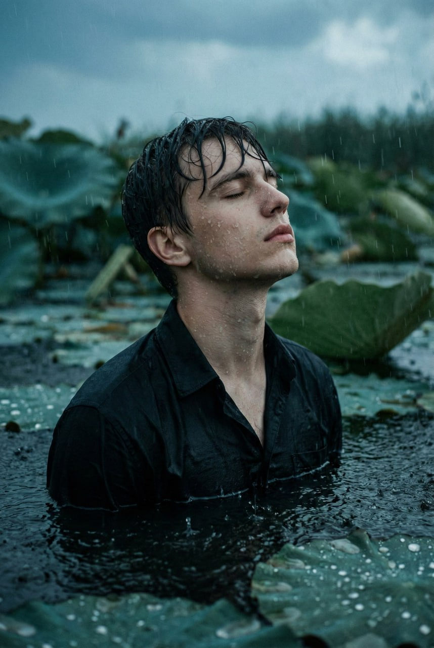 A young man standing in rain-saturated water, surrounded by lotus leaves, eyes closed and head tilted back.