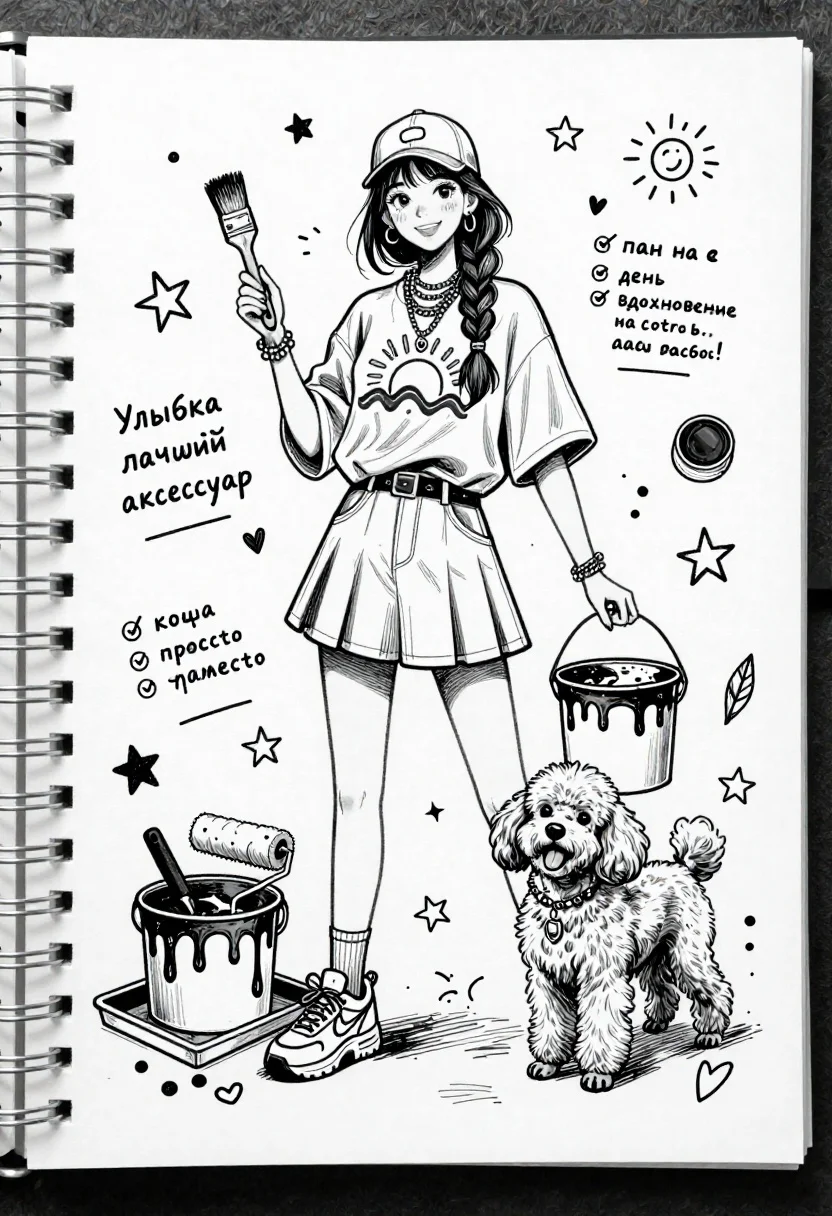 Detailed Black-and-white Ink Sketch Young Woman Standing Confidently With Paintbrush