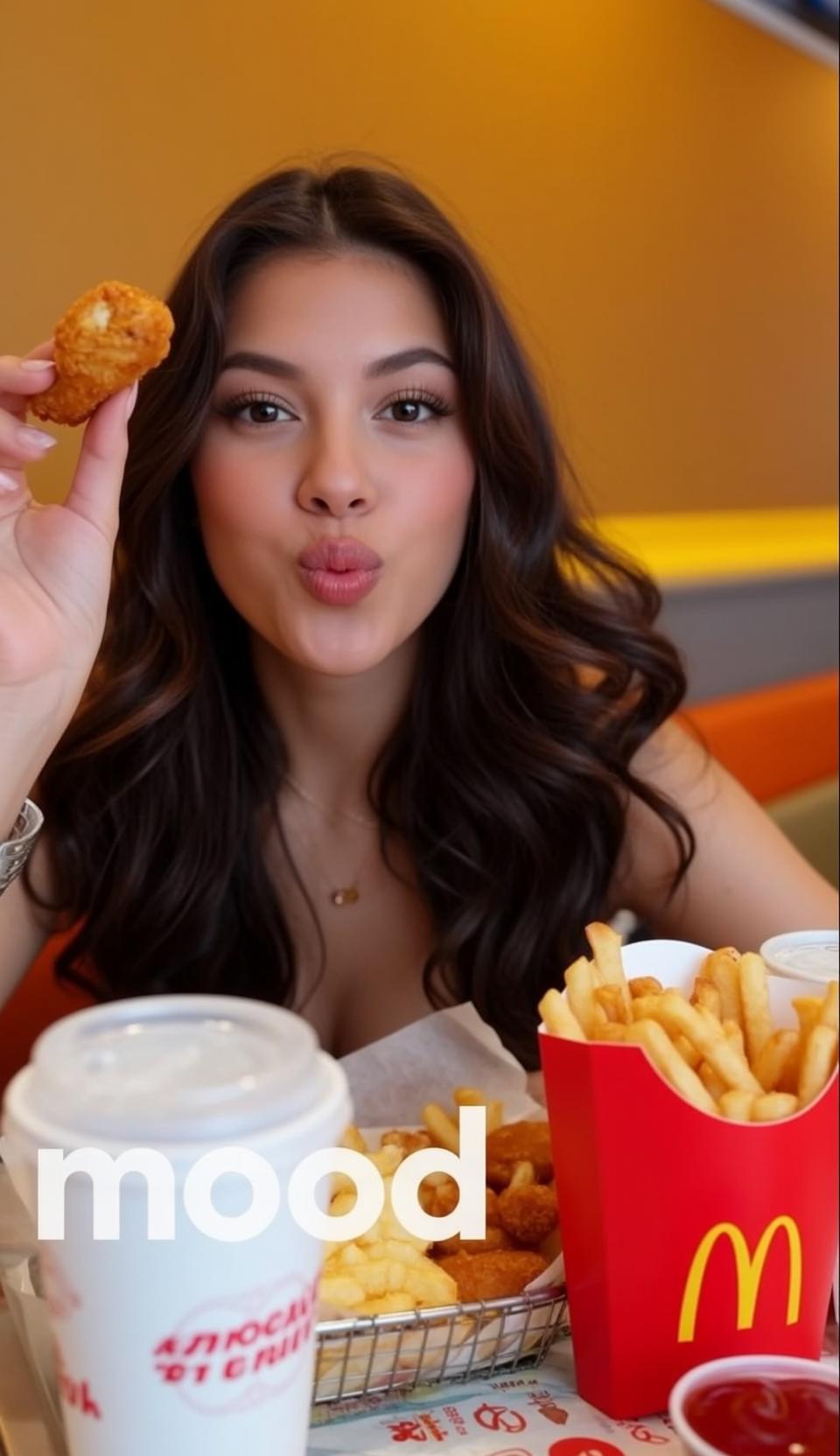 Woman Kisses Chicken Nugget At Table