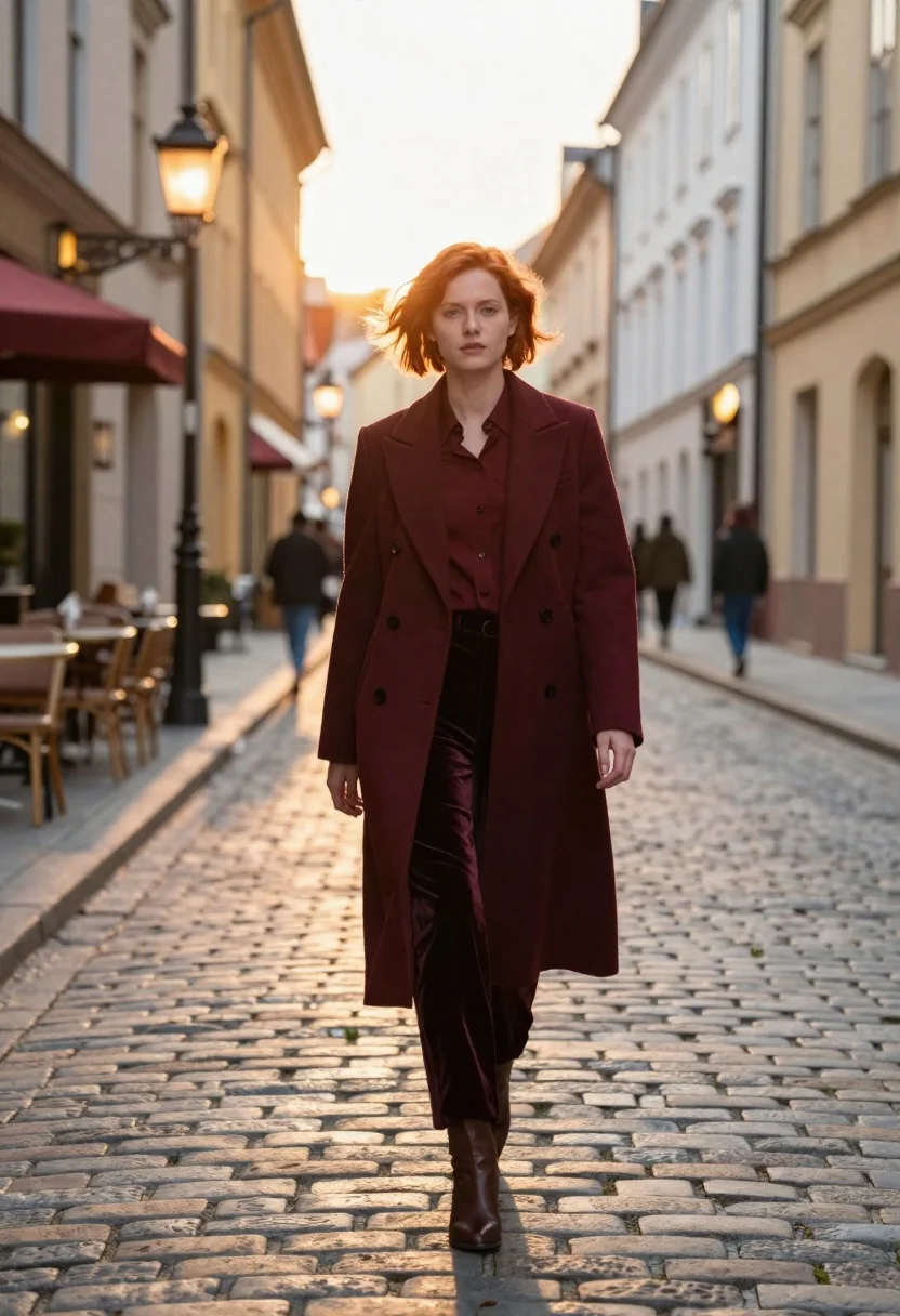 Confident Woman With Short Red Hair Walks Down Cobblestone Street