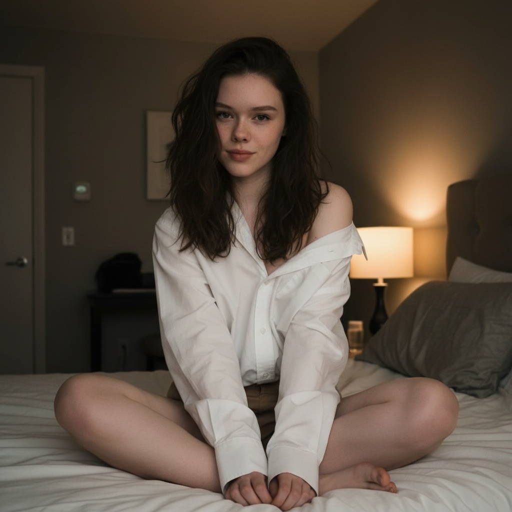 Realistic Bedroom Woman Sitting Bed