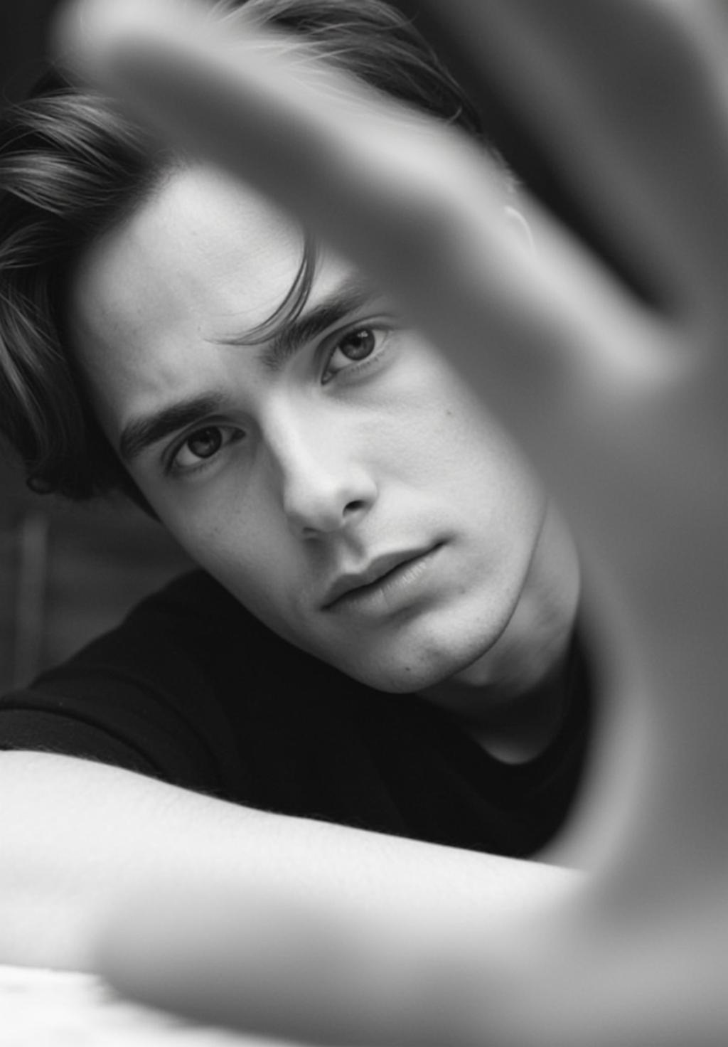 Portrait Young Man Captured Medium Close-up With His Left Hand