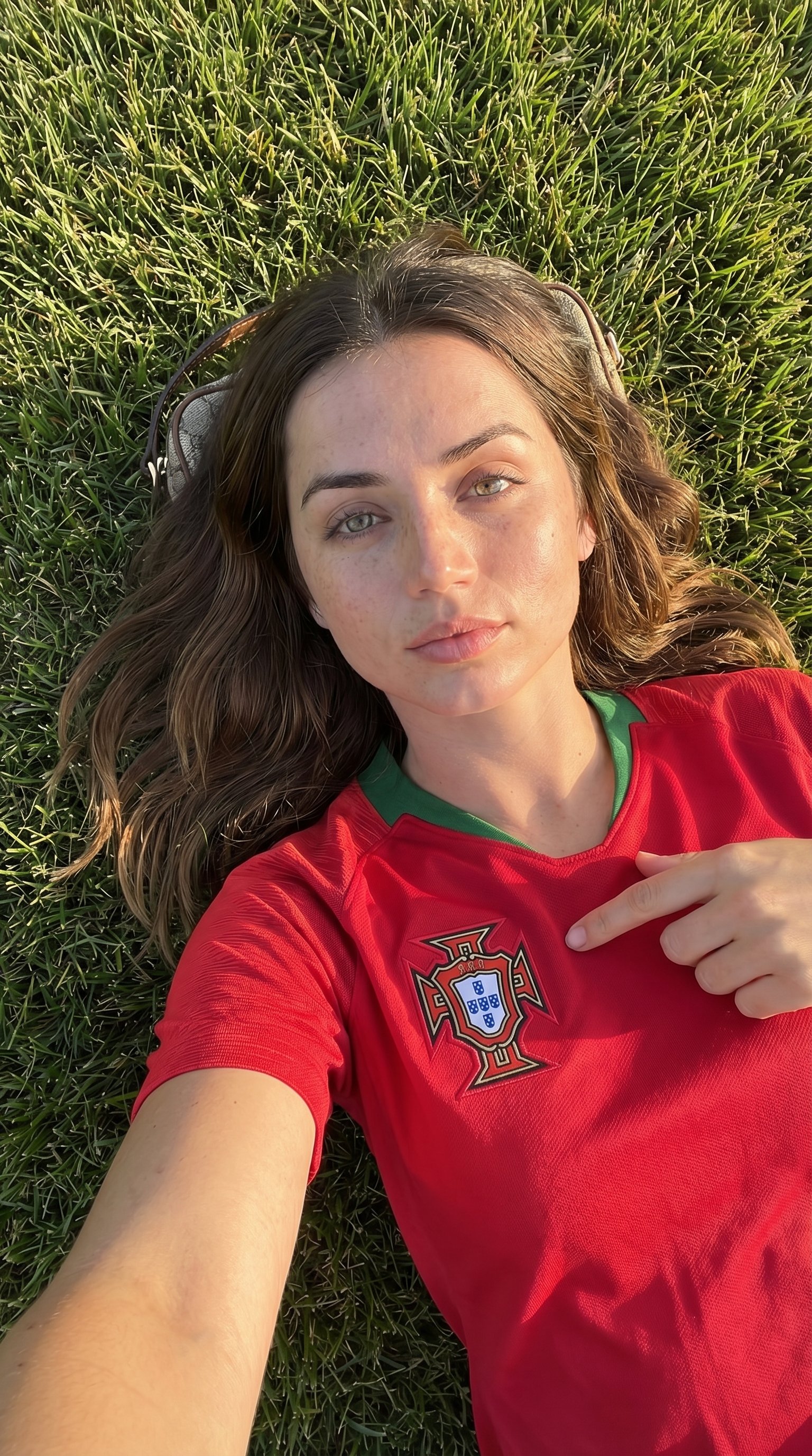 Pointing At Polo Crest On Green Grass