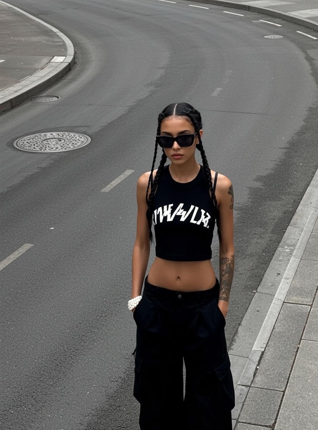 Urban Street Style Tan Woman Black Crop Top