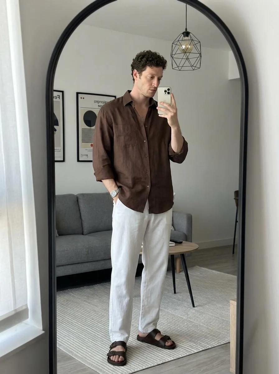 Mirror Selfie Oversized Brown Shirt Relaxed Pose