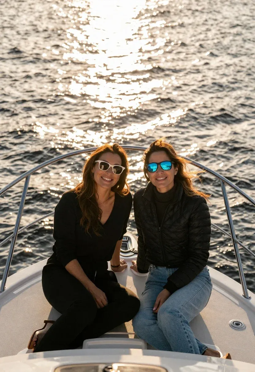 Two Women Sit Side Side The Bow Boat With Golden