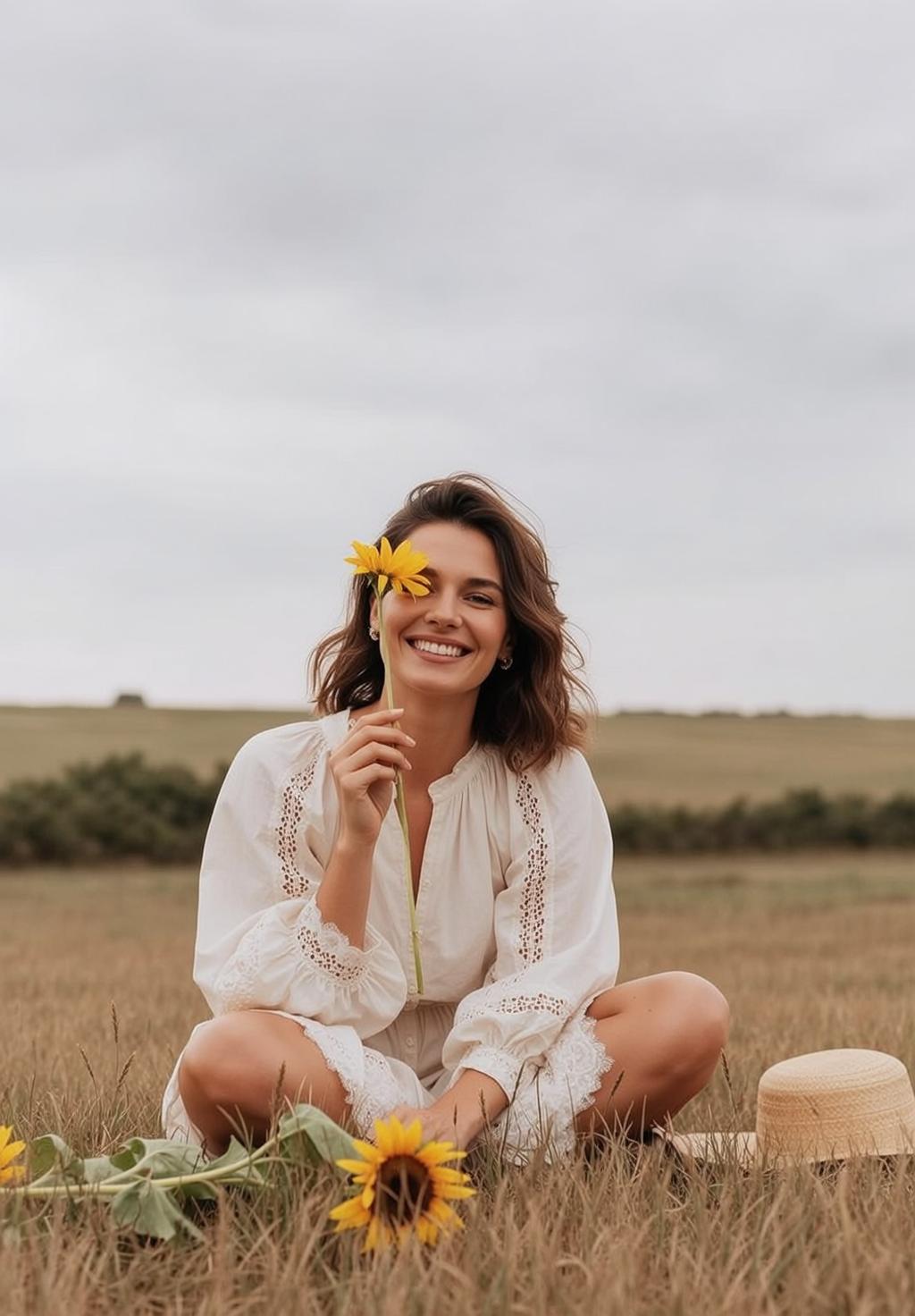 Cottagecore Seated Cross-legged Field Holding Single Sunflower