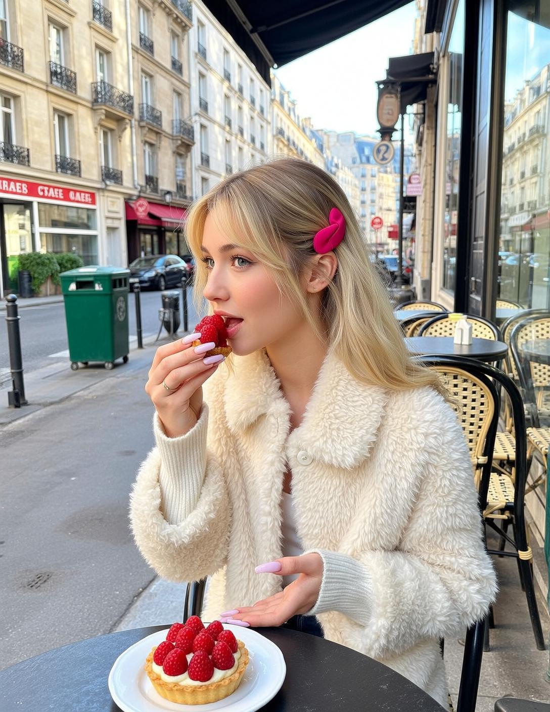 Paris Cafe Woman Raspberry Tart Fuzzy Coat