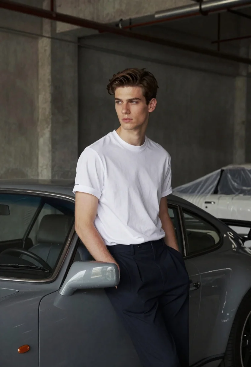Young Man Leans Casually Against Classic Grey Sports Car Industrial