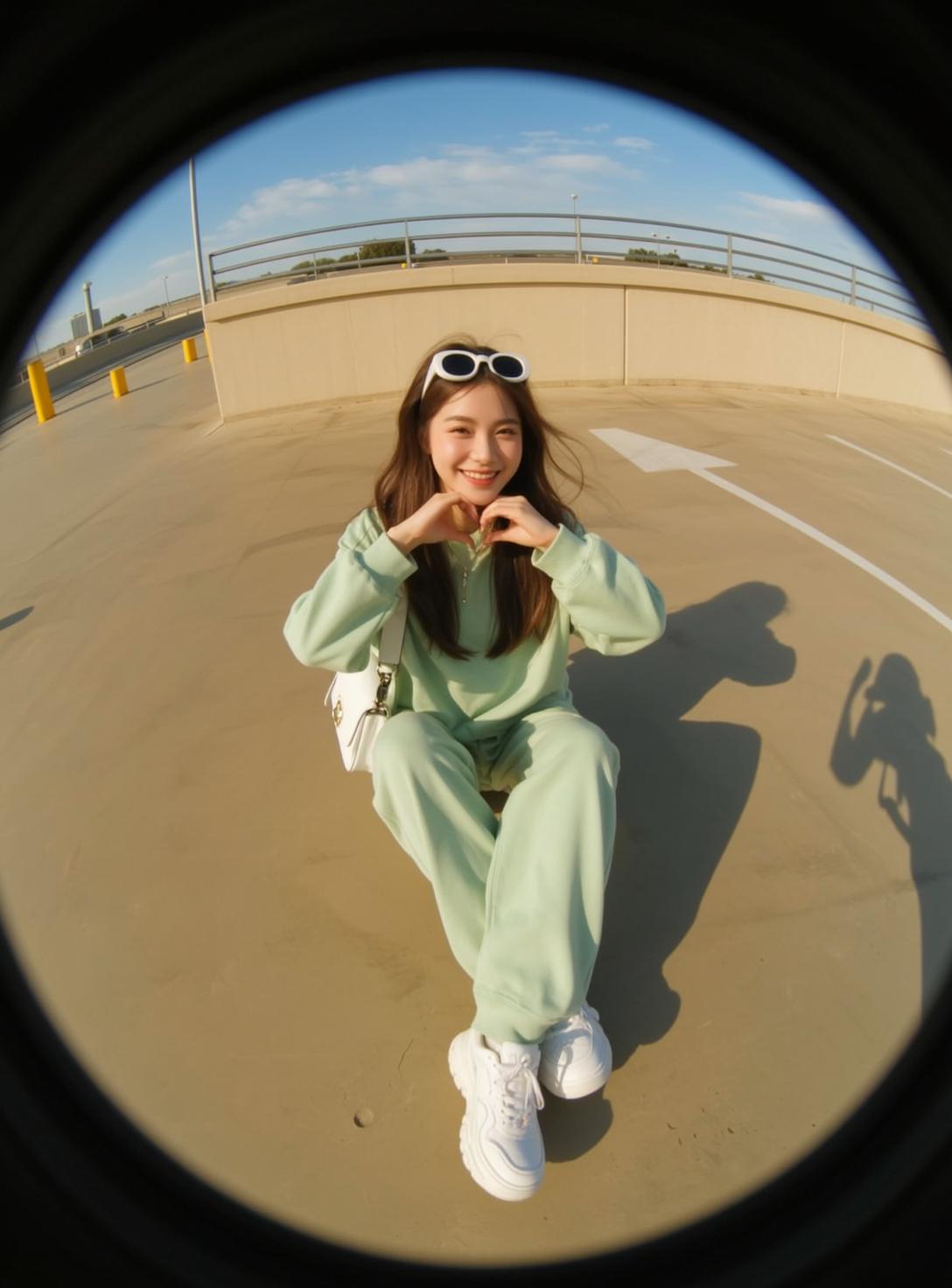 Rooftop Parking Lot Happy Woman Heart Hands White Hoodie