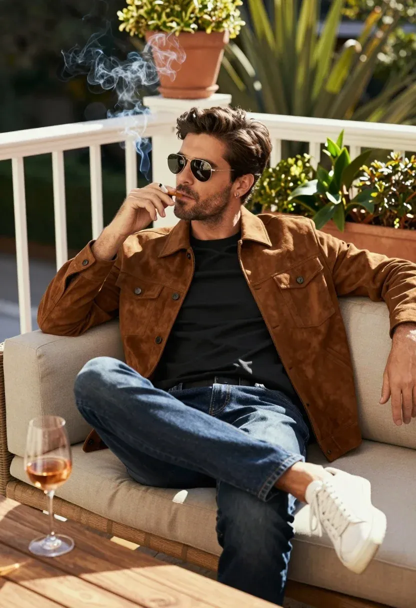 Stylish Man Lounging Outdoor Balcony Sofa With Relaxed Posture Subject