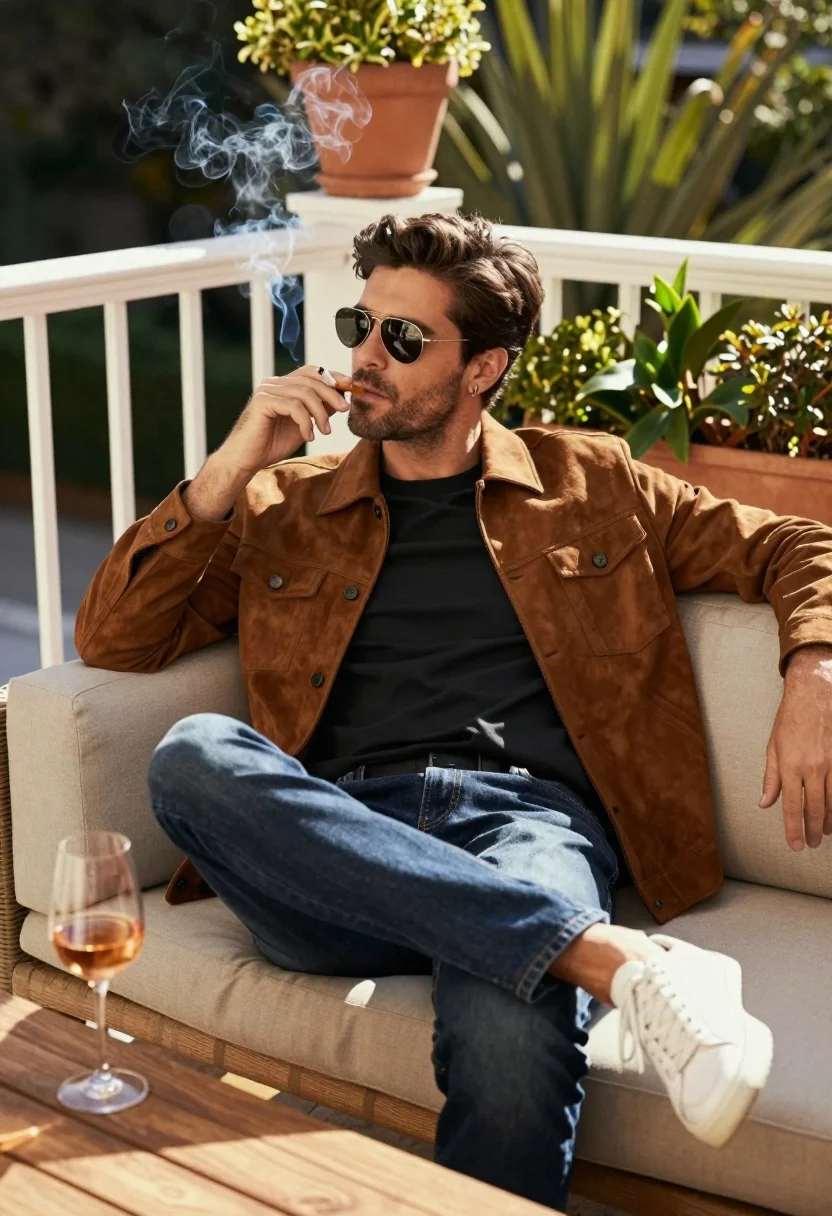 Stylish Man Lounging Outdoor Balcony Sofa With Relaxed Posture Subject