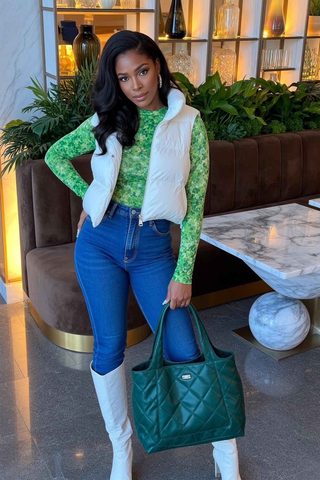 Emerald Vest White Boots Lobby