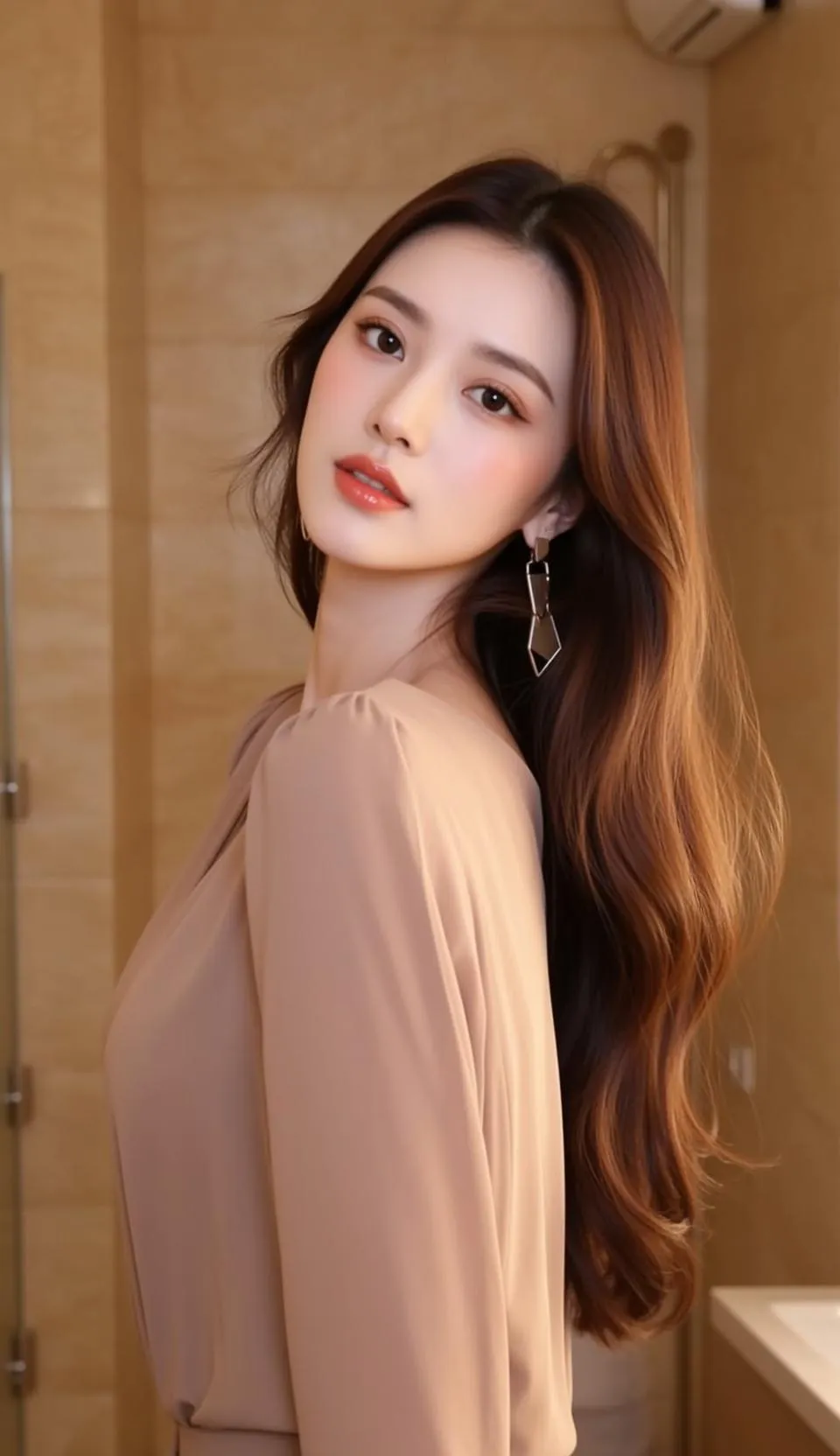 Asian Woman Gentle Smile Silver Earrings Tiled Wall