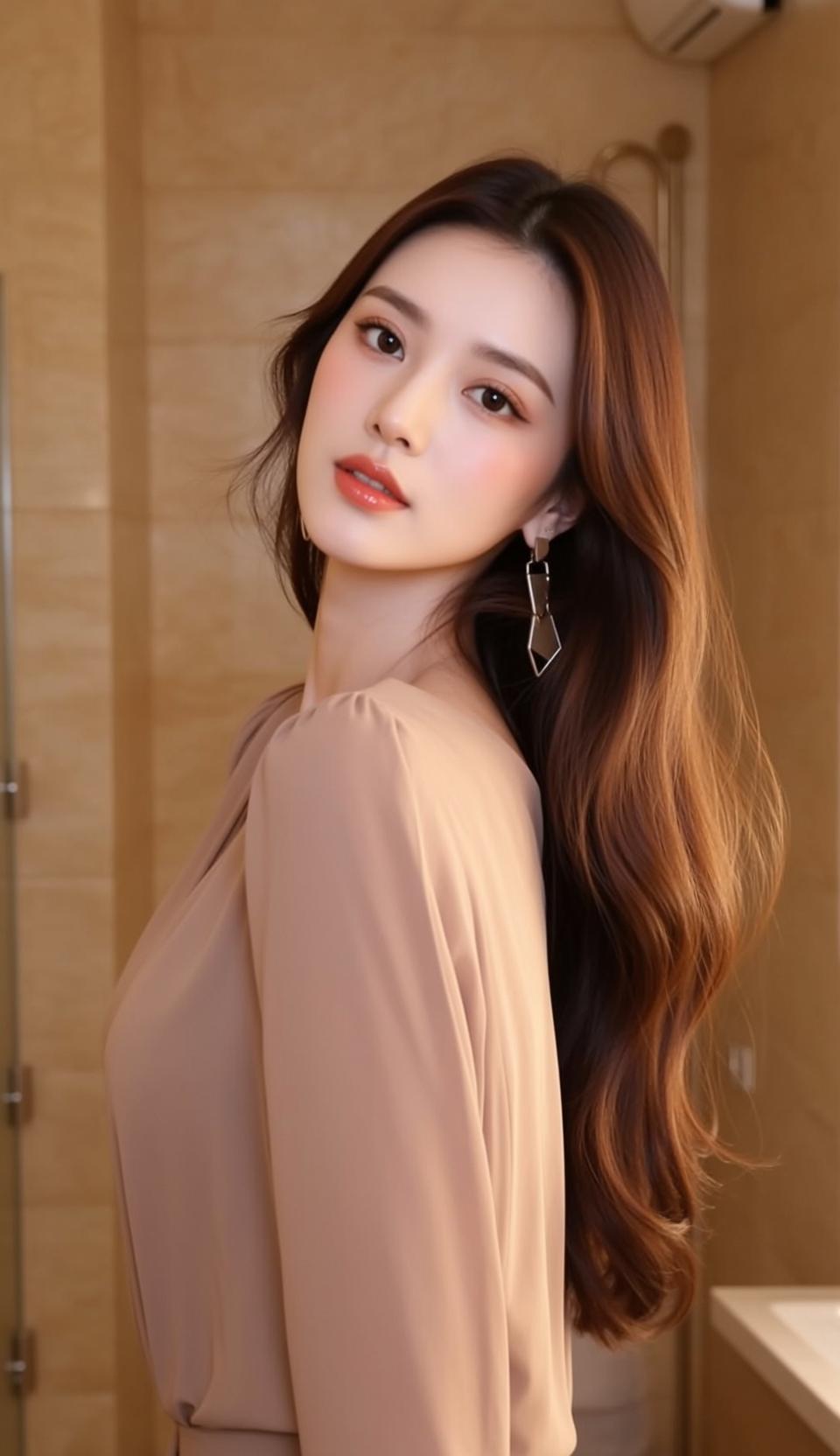 Asian Woman Gentle Smile Silver Earrings Tiled Wall