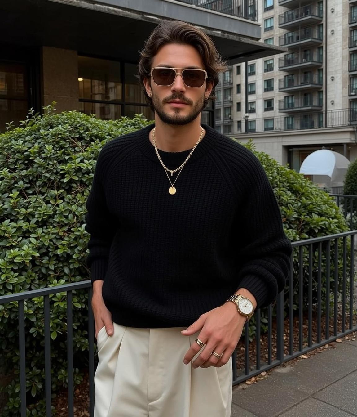 Man Gold Aviator Sunglasses Waffle Knit Sweater