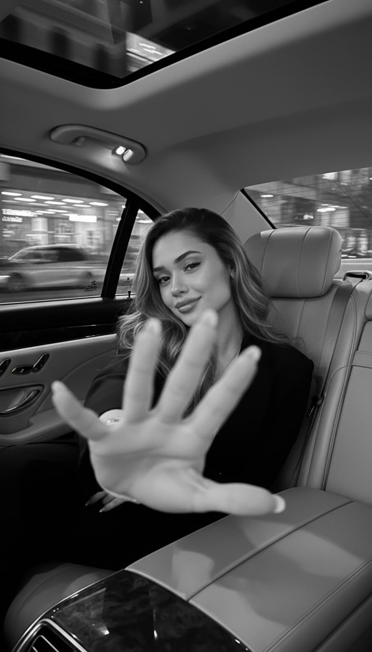 A playful black-and-white portrait of a user leaning forward in a luxury car backseat at night, showcasing soft flash lighting and motion blur.
