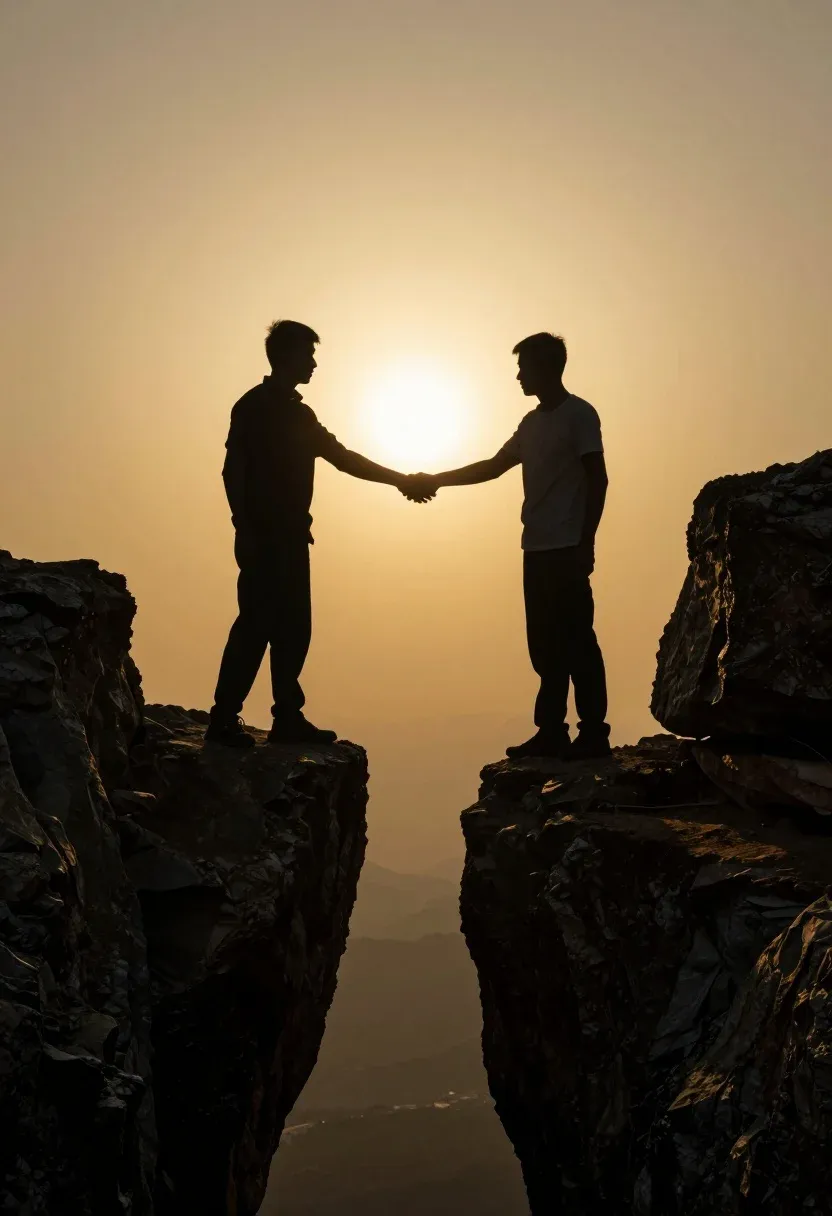 Two Silhouetted Figures Stand Opposite Rocky Cliffs Reaching Out Shake