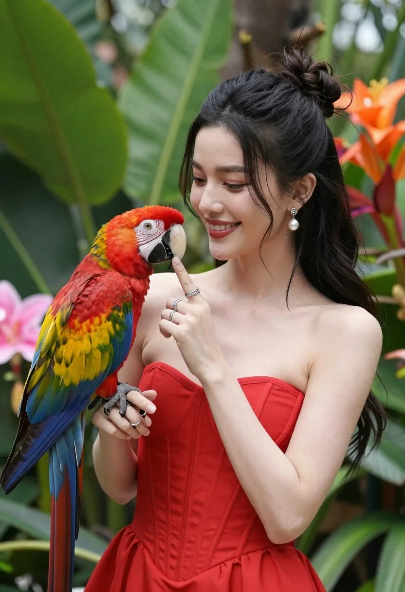 Smiling Woman With Long Dark Hair High Bun Gently Holds