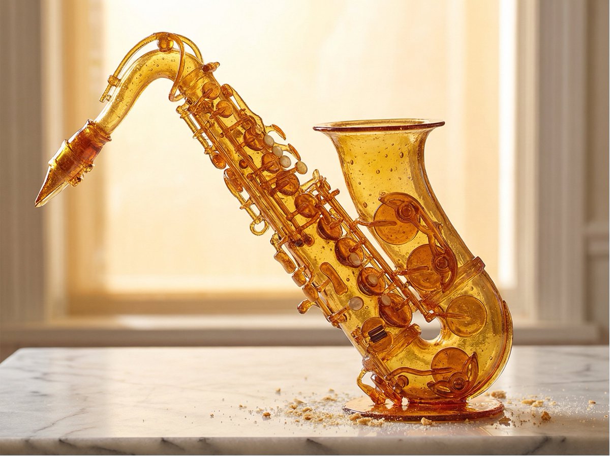 A realism-focused sugar object glowing amber, showcasing intricate pulled sugar techniques with bubbles and caramel.
