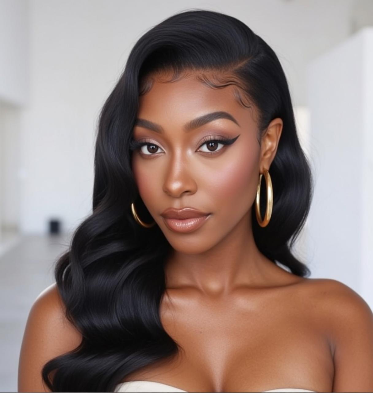 Black Woman Studio Portrait Gold Hoop Earrings