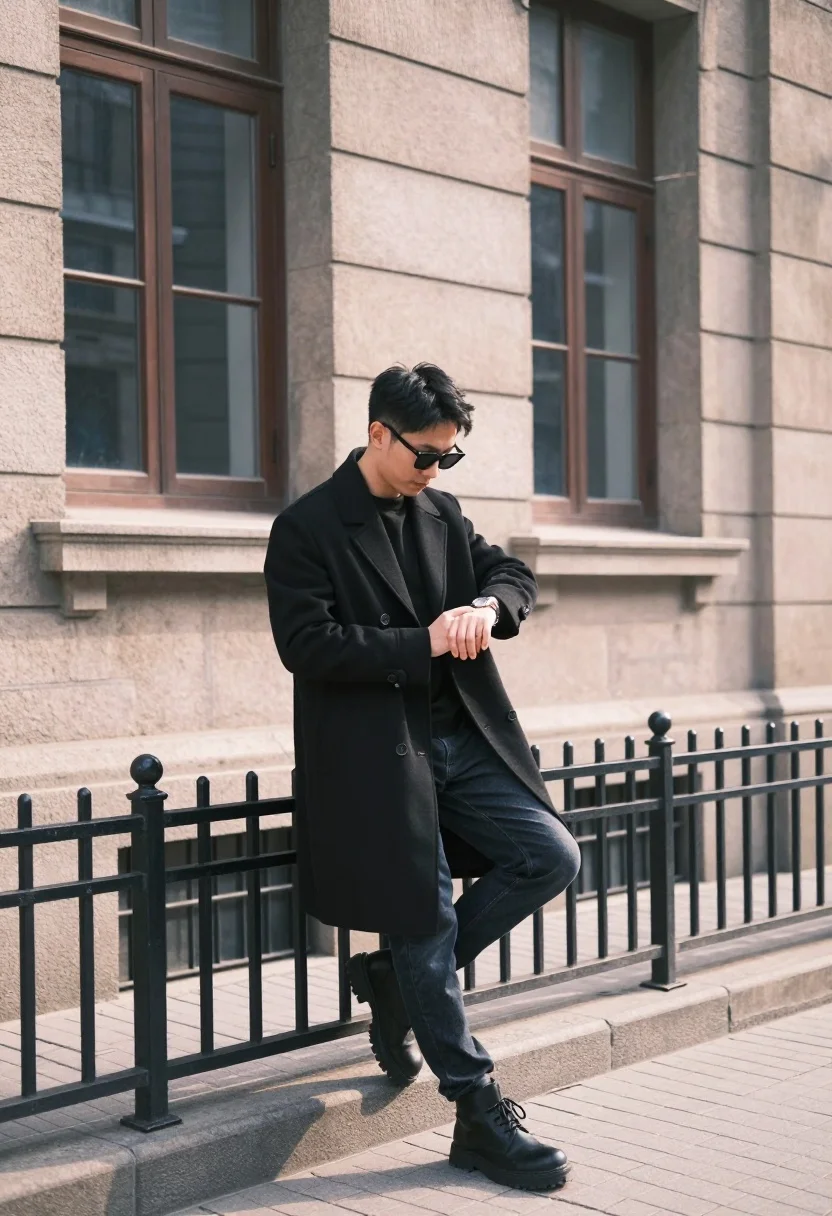 Man Stands Dynamic Pose Against Stone Building With Large Windows