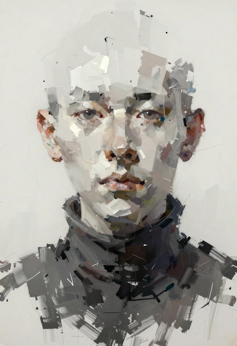 Painting Fragmented Face Composed Vertical Brushstrokes Off-white Background Subject Partial reference photo