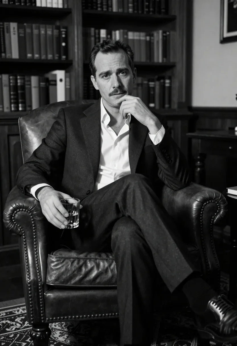 Black And White Portrait Man Sitting Leather Armchair Holding Glass