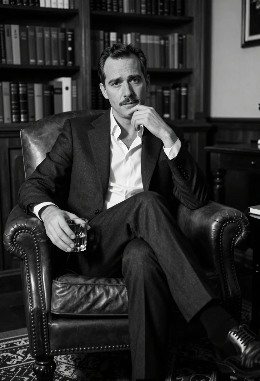 Black And White Portrait Man Sitting Leather Armchair Holding Glass
