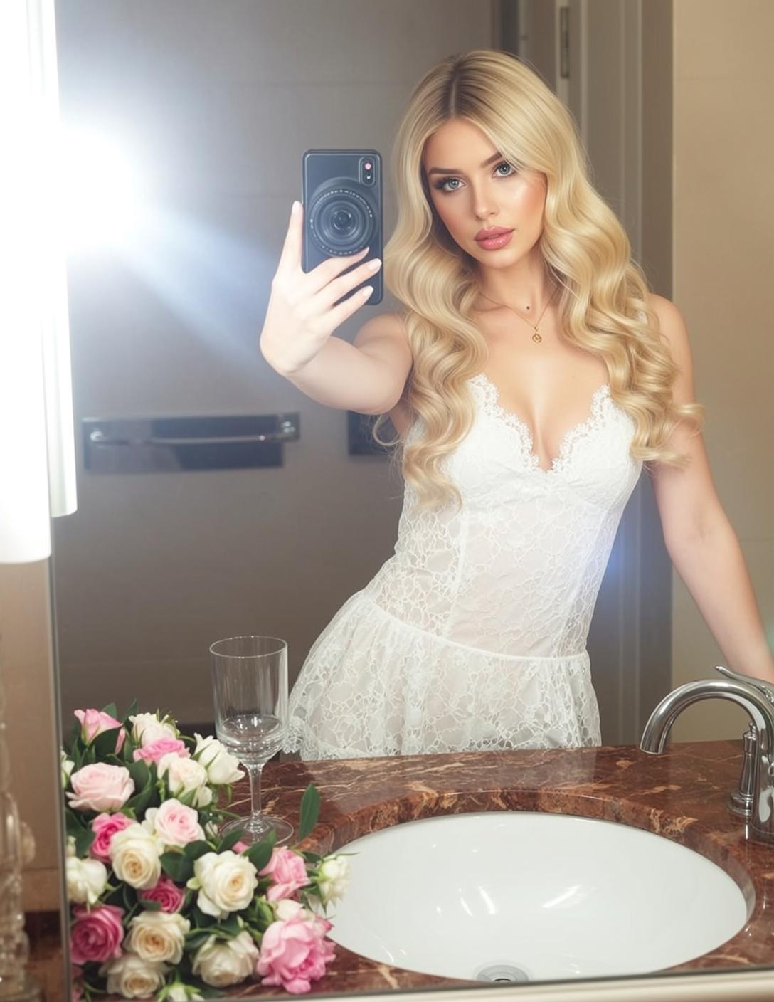 Taking Selfie Bathroom Mirror Holding Smartphone