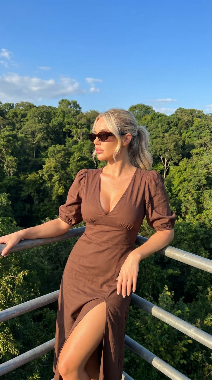 A woman in a brown V-neck dress with puff sleeves, leaning on a railing and gazing left in a lush green forest under a bright blue sky.