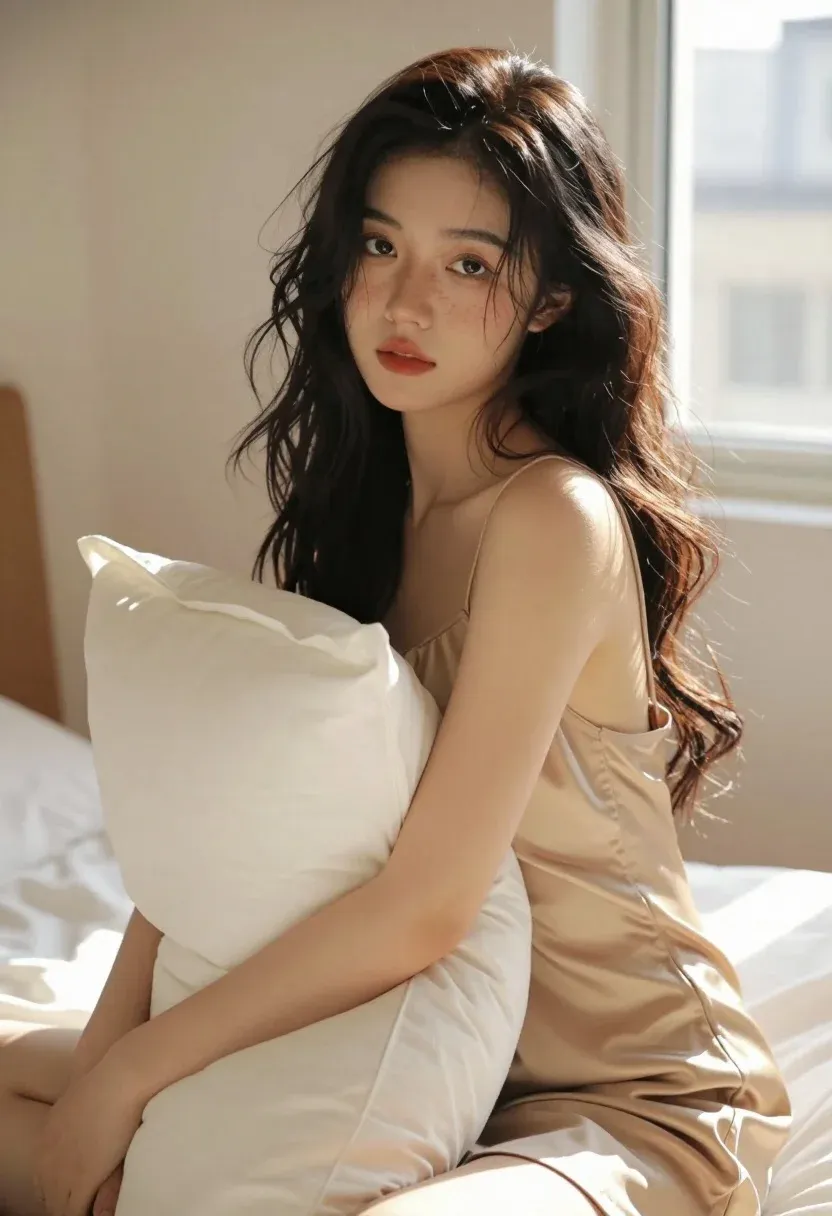 Young Woman With Long Dark Wavy Hair Sits Bed Holding
