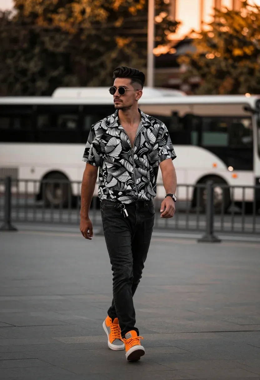 Stylish Man Walking Confidently Down Paved Street With Blurred Background