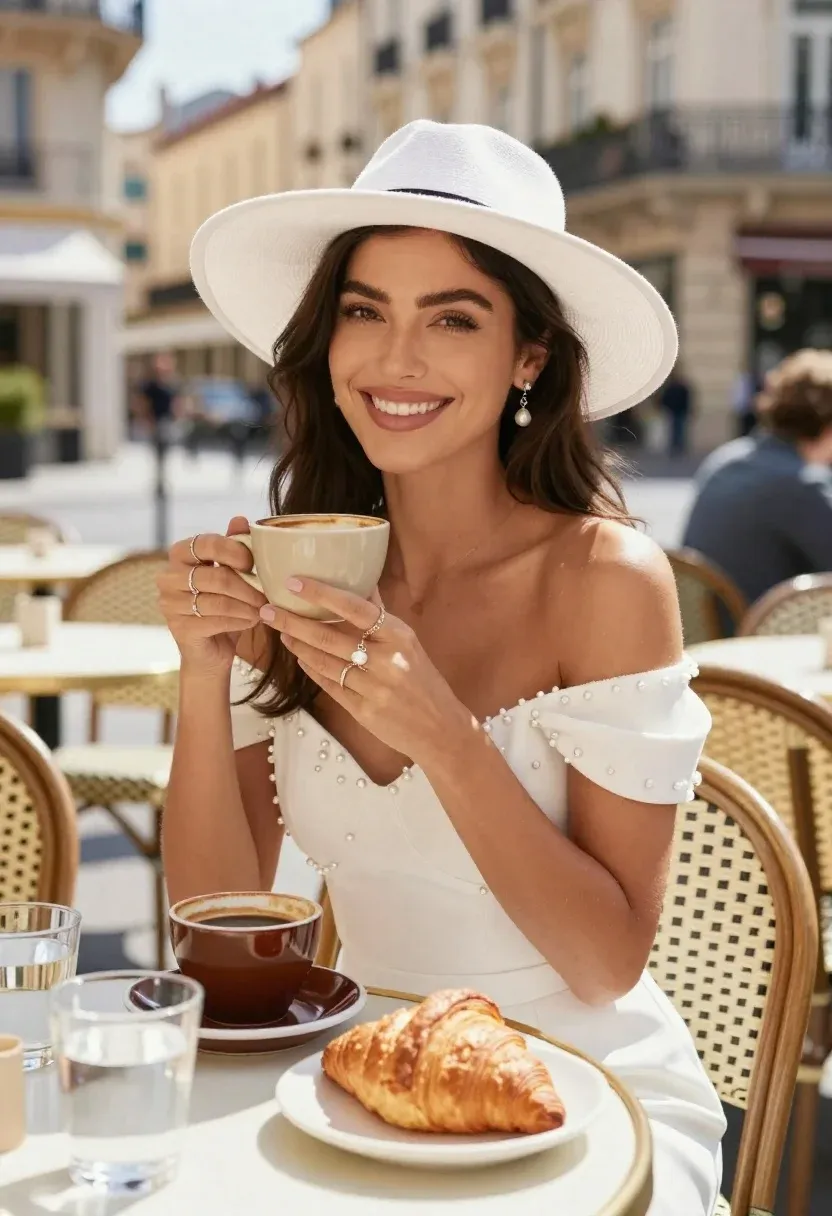 Smiling Woman With Dark Hair Wearing Wide-brimmed White Hat Sits