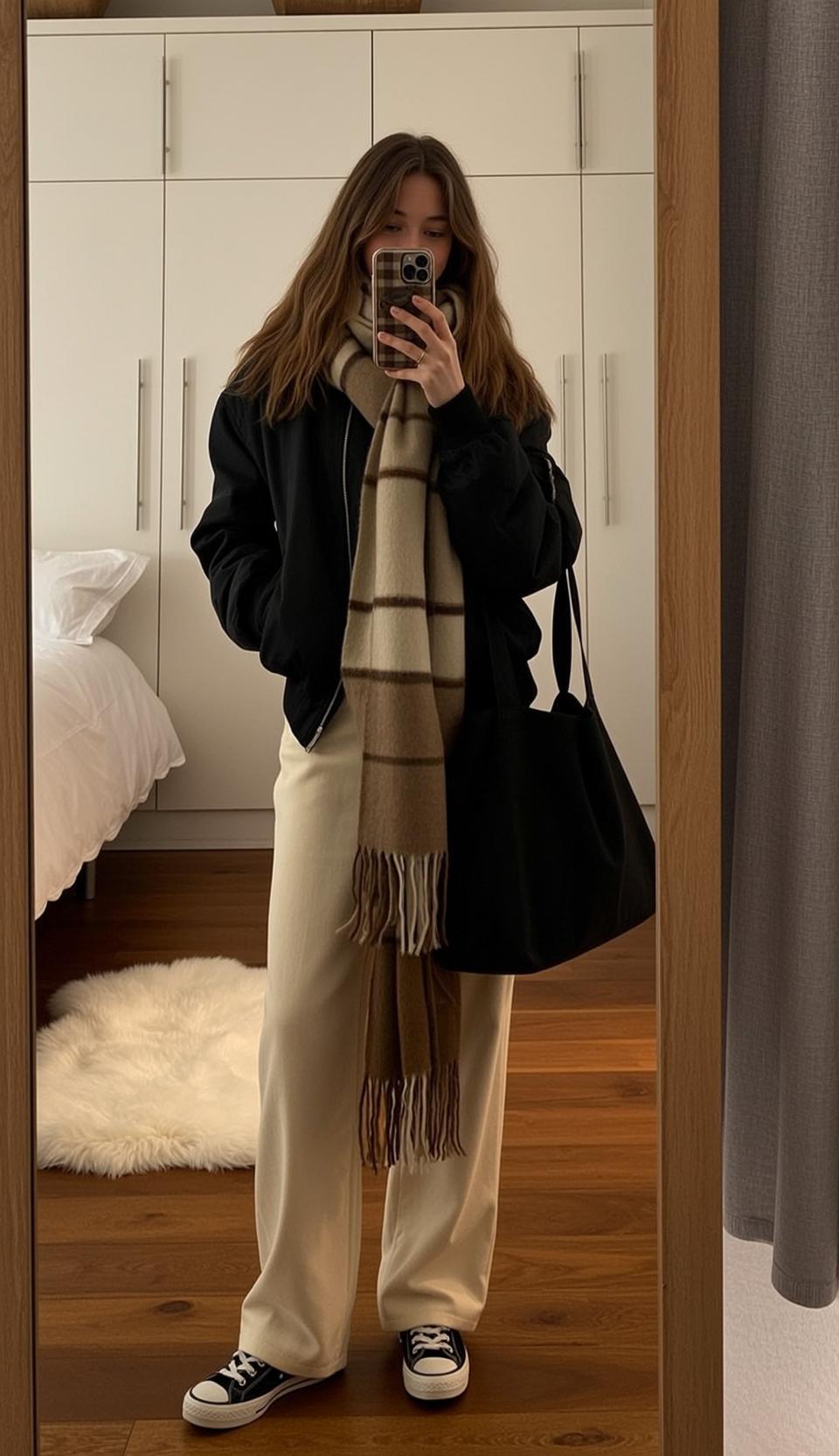 Explore Stands Facing Mirror Holding Phone Take