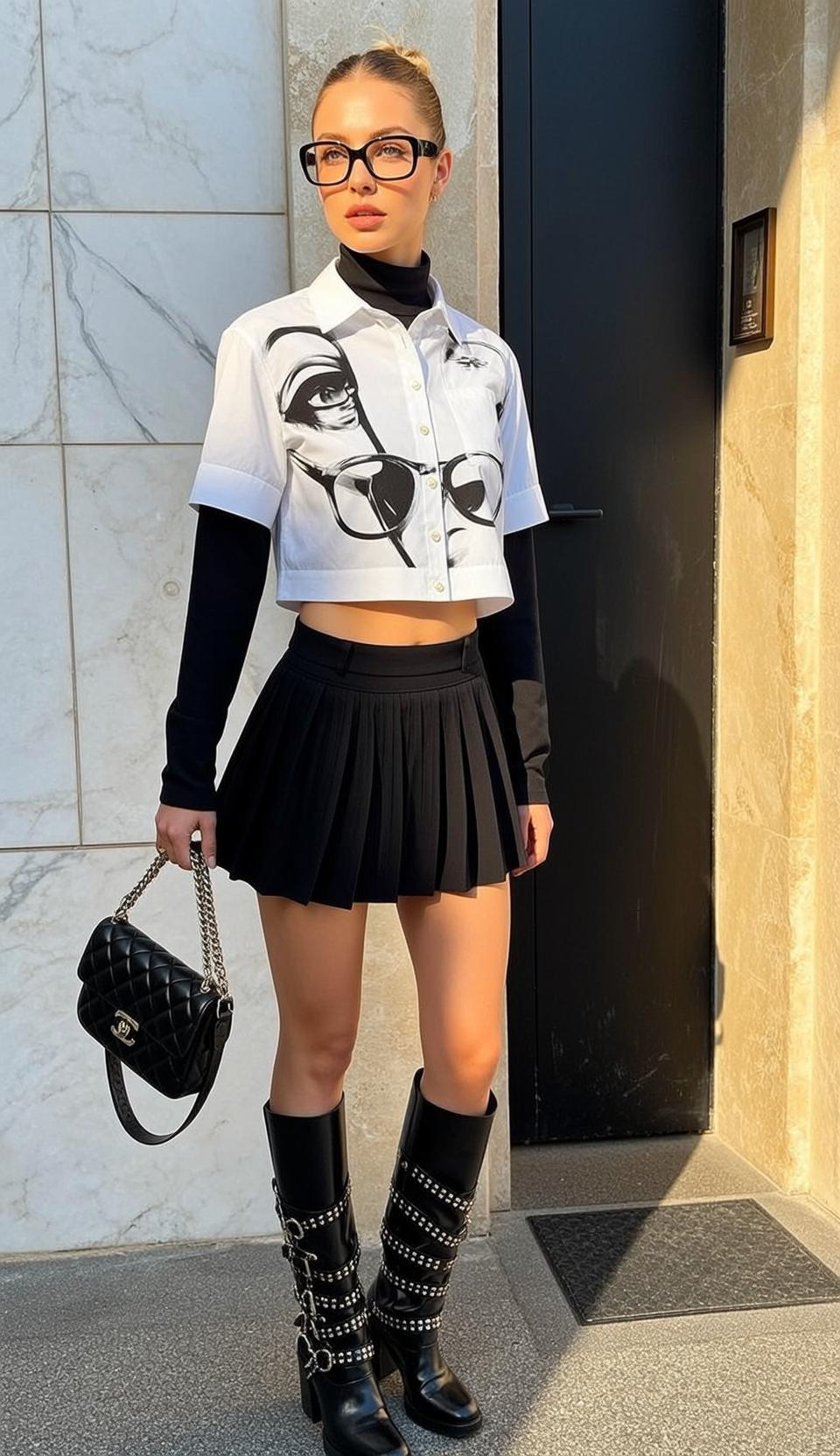 Black Graphic Tee Pleated Skirt Boots