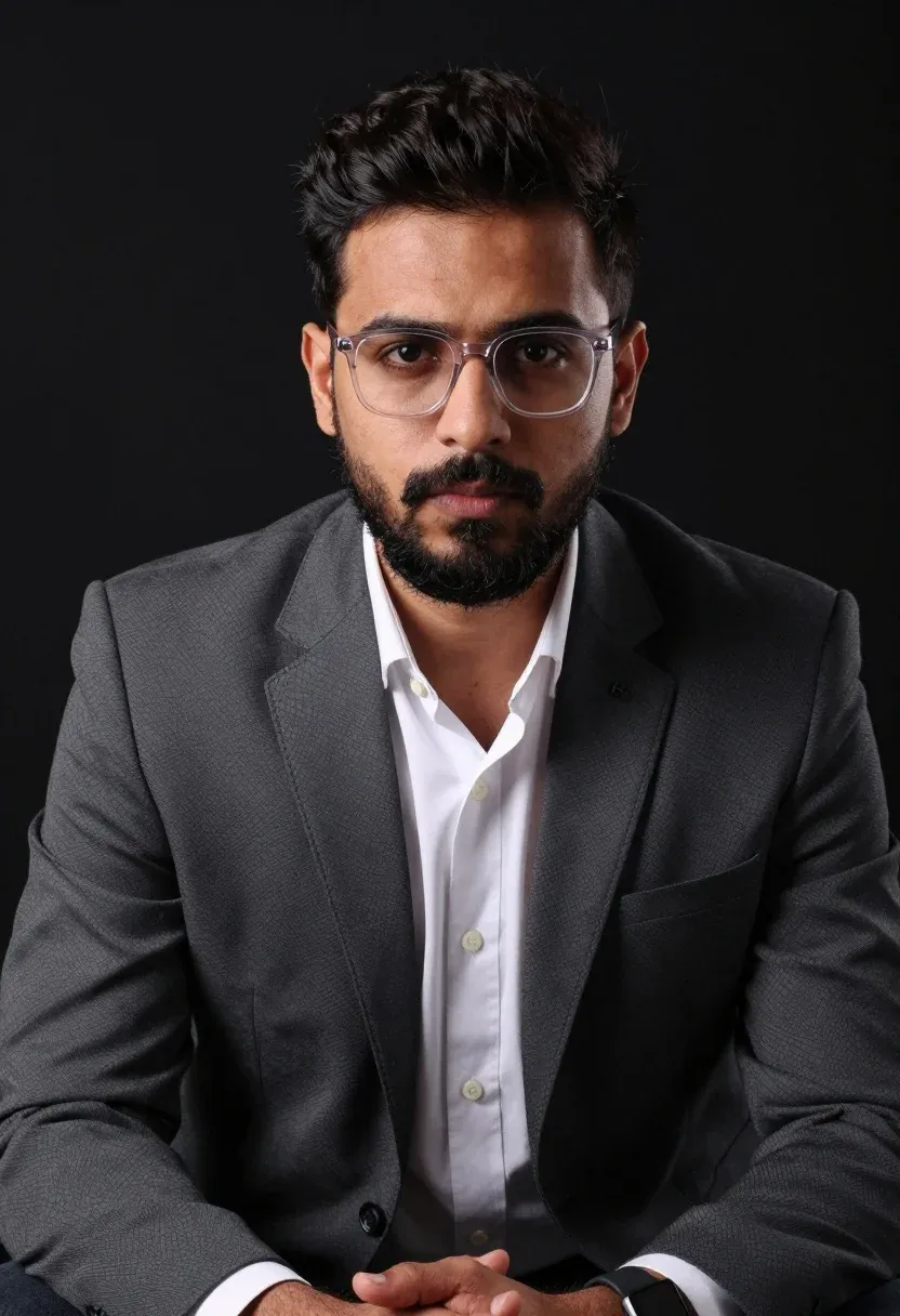 Professional Portrait Man With Dark Hair And Beard Wearing Clear-framed