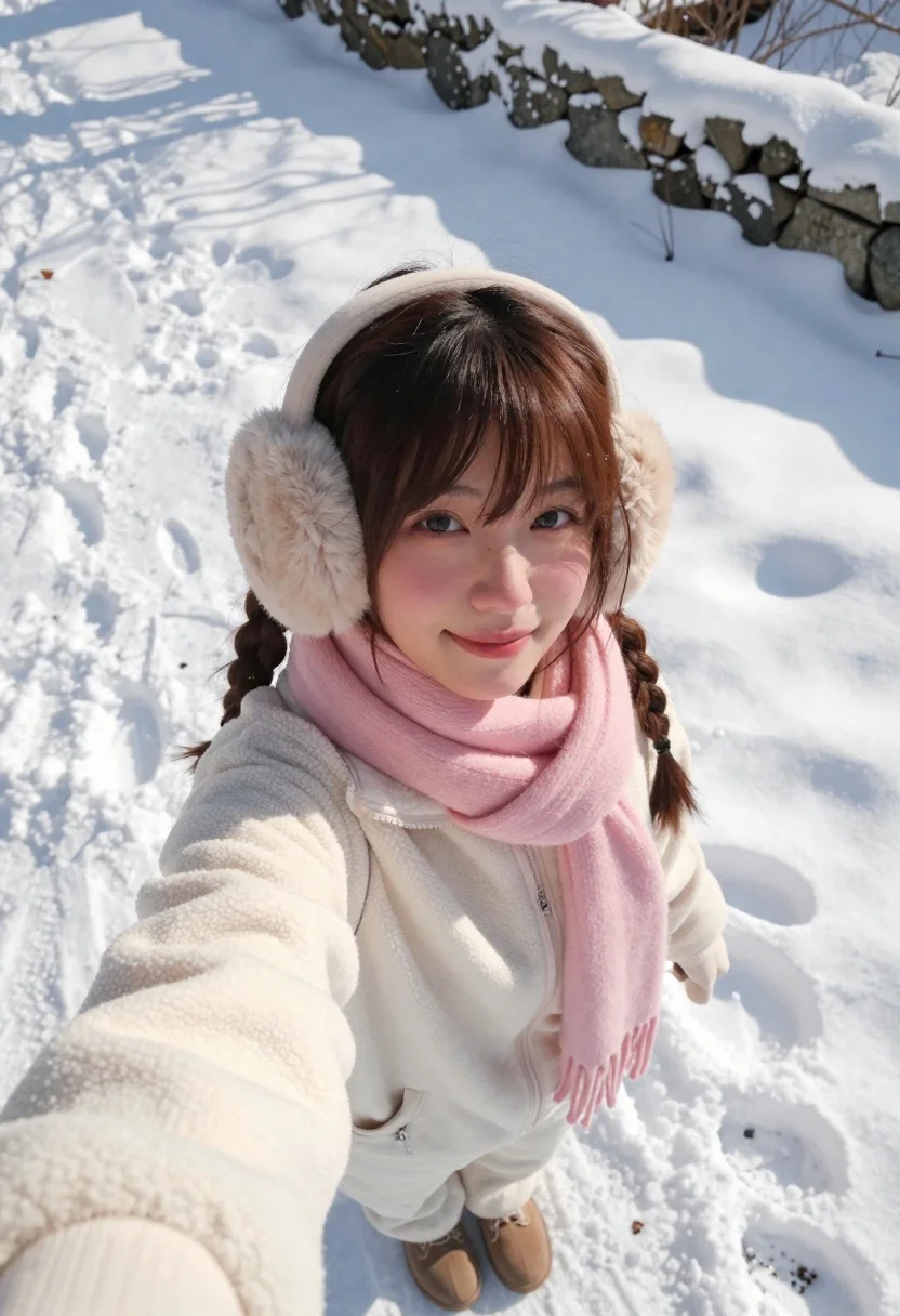 High-angle Selfie Young Woman Standing Deep Snow Bright Winter Day