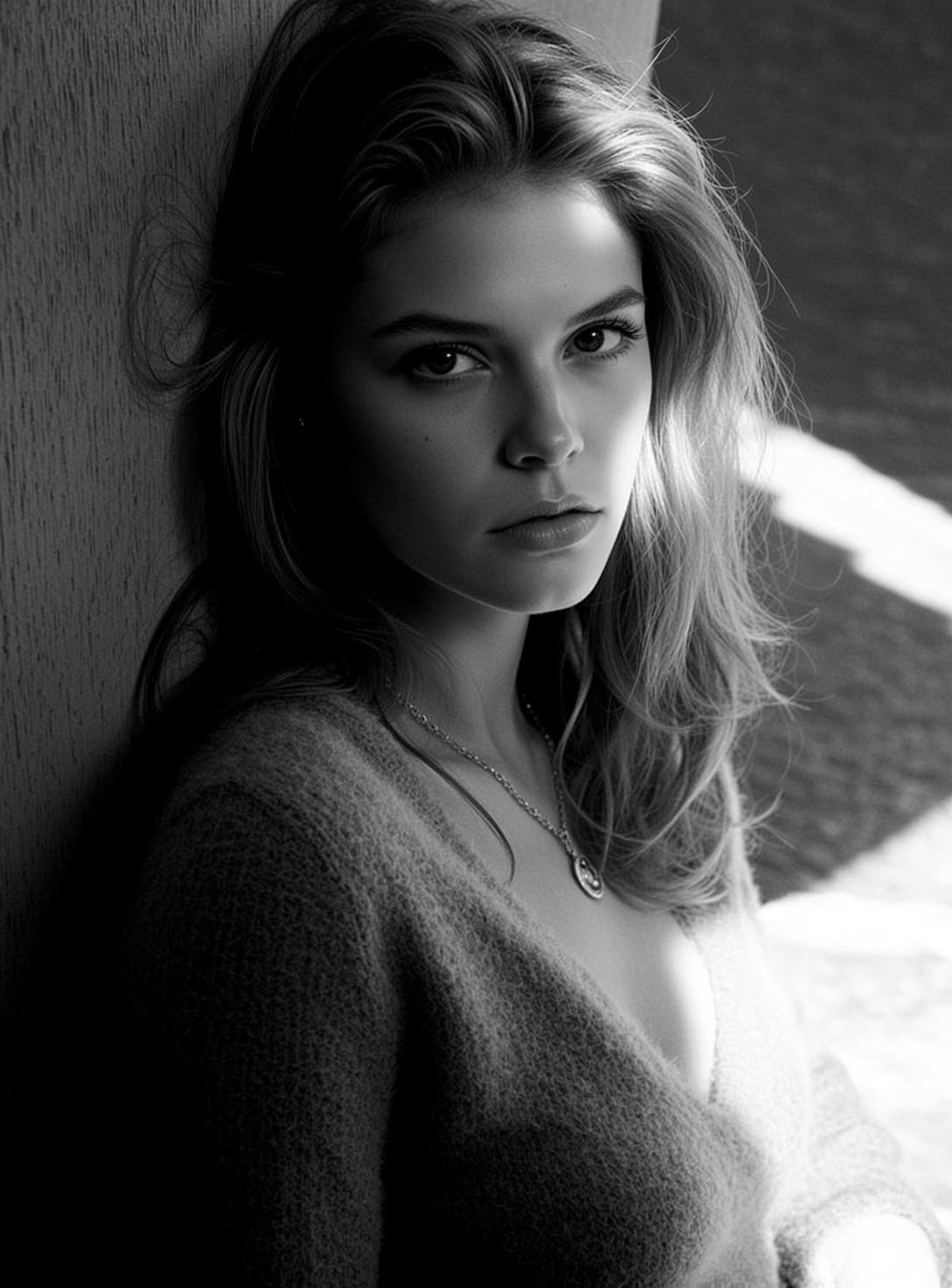 Black And White Medium Shot Portrait Young Woman With Medium-length