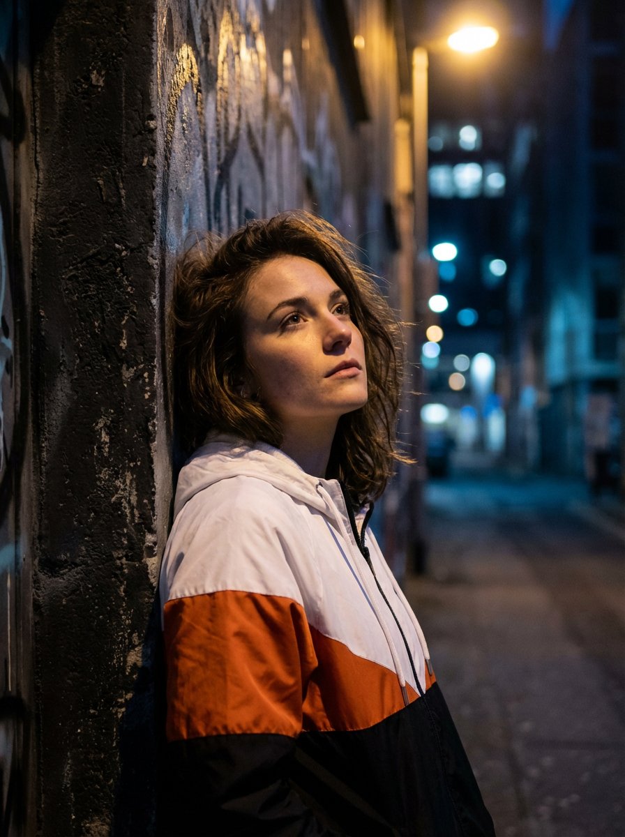 A young women with tousled brown hair, wearing a white, orange, and black color-