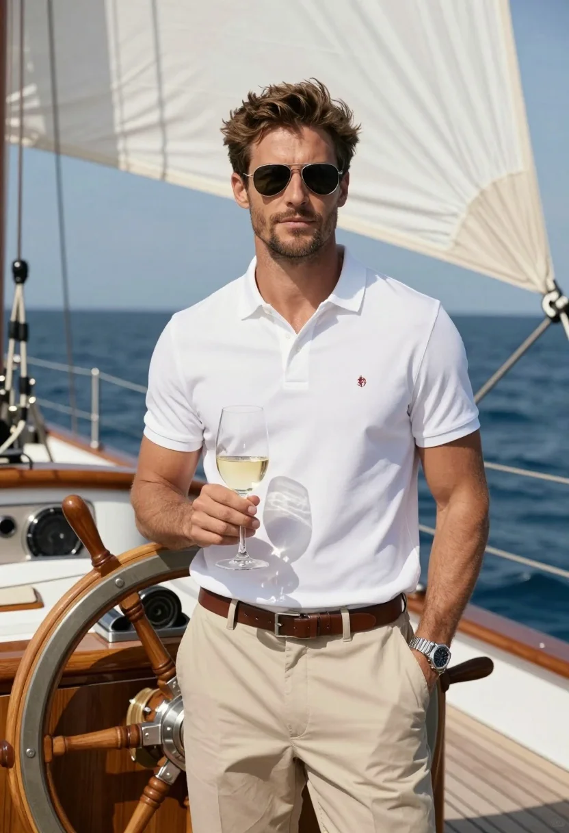 Handsome Man Stands Confidently The Deck Sailing Yacht Holding Glass