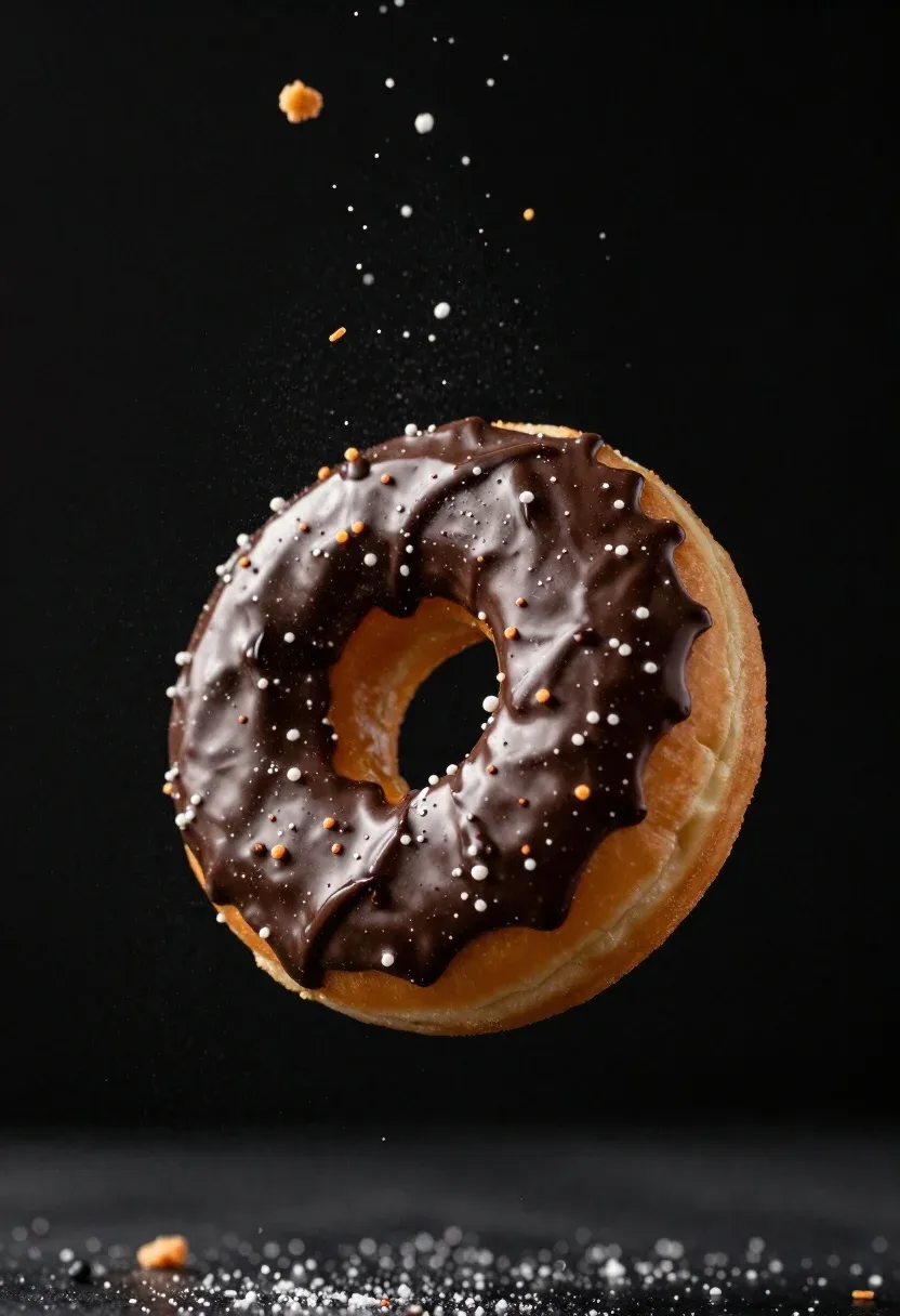 Delicious Glazed Donut Suspended Mid-air Against Deep Black Background Subject