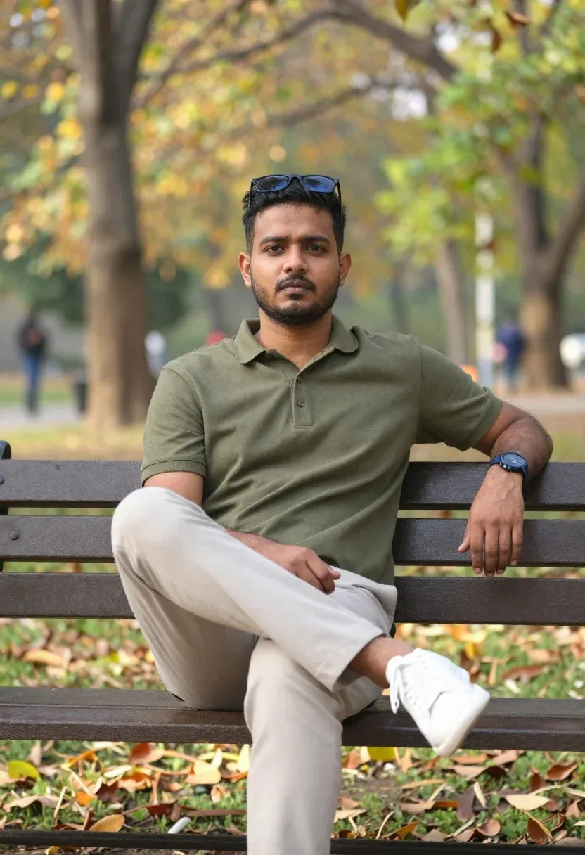 Photorealistic Portrait Man Sitting Wooden Park Bench Outdoor Setting Subject