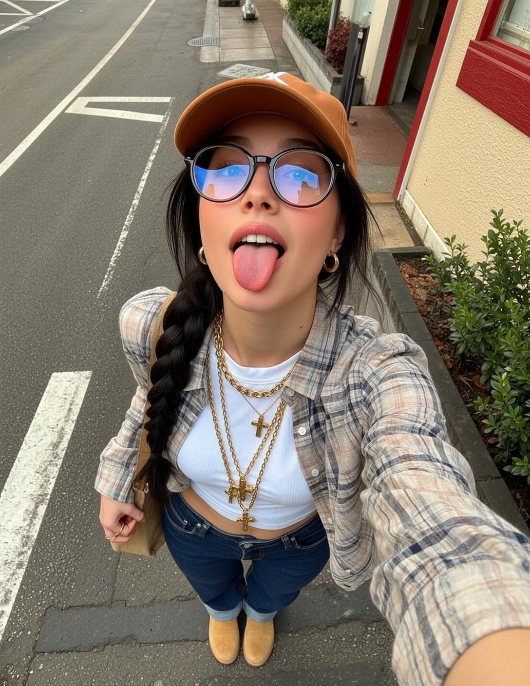 Street Style Woman Tongue Out Plaid Flannel