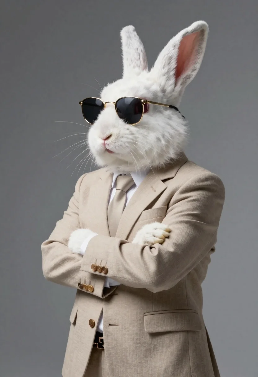 Medium Shot Confident Anthropomorphic White Rabbit Standing With Arms Crossed reference photo
