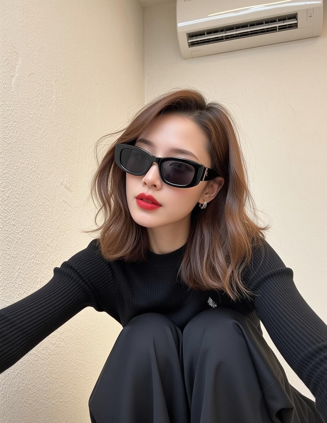 Woman Crouching Black Sunglasses Wide Leg Pants
