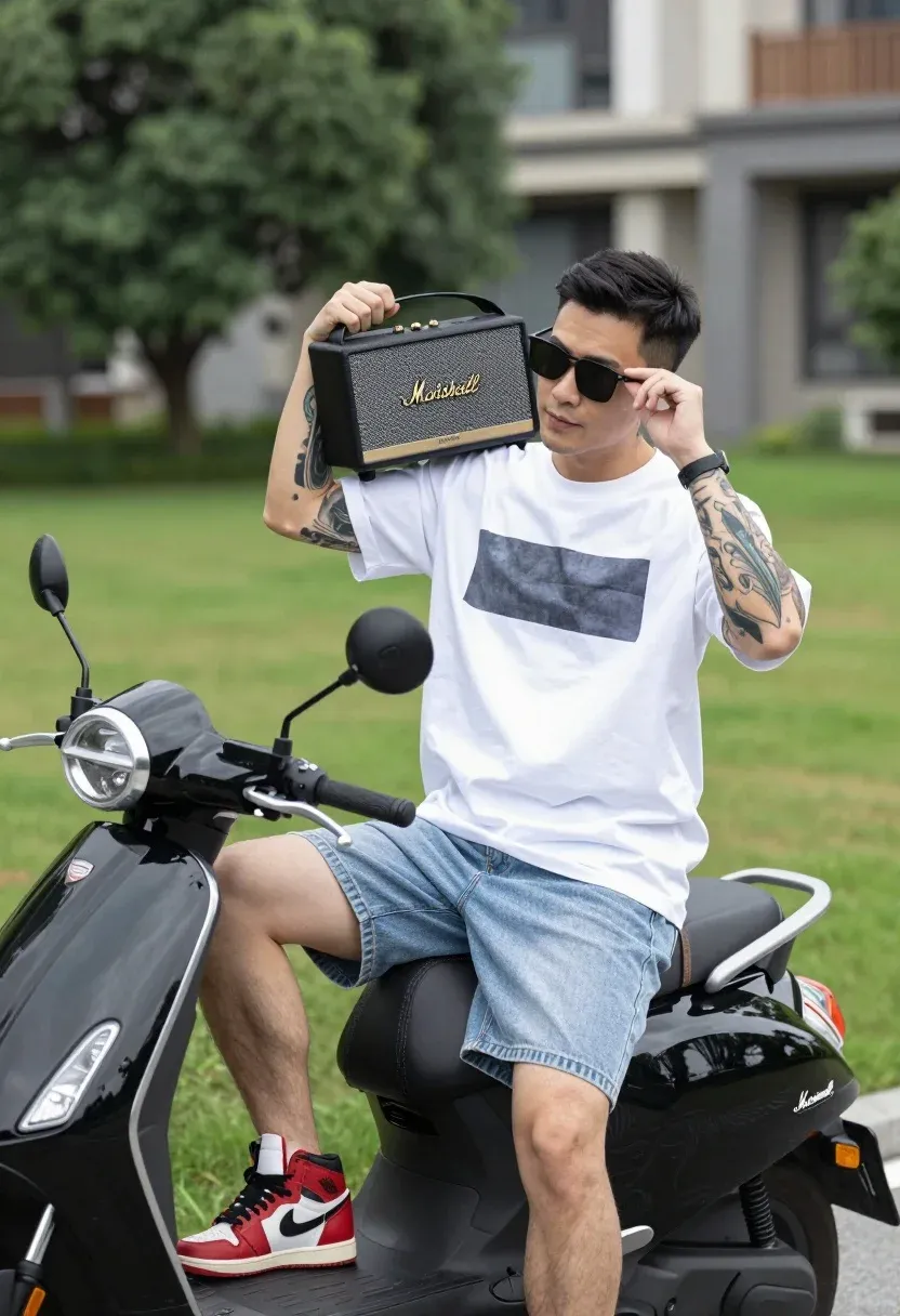 Man Sits Casually Black Scooter Outdoor Setting Holding Marshall Speaker